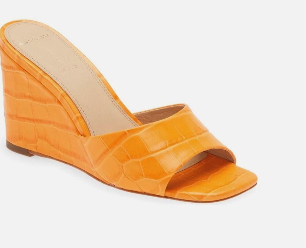 Black Suede Studio Chloe Wedge Heels 7 Orange Croc NWOT Sandals Resort BSS